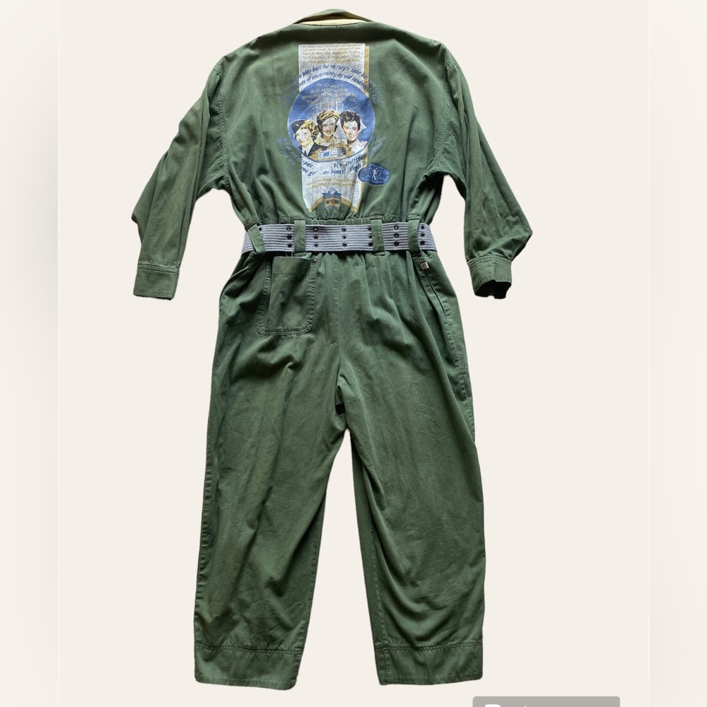 Palmer e Palmer Australia vintage war novelty olive and screenprint jumpsuit L